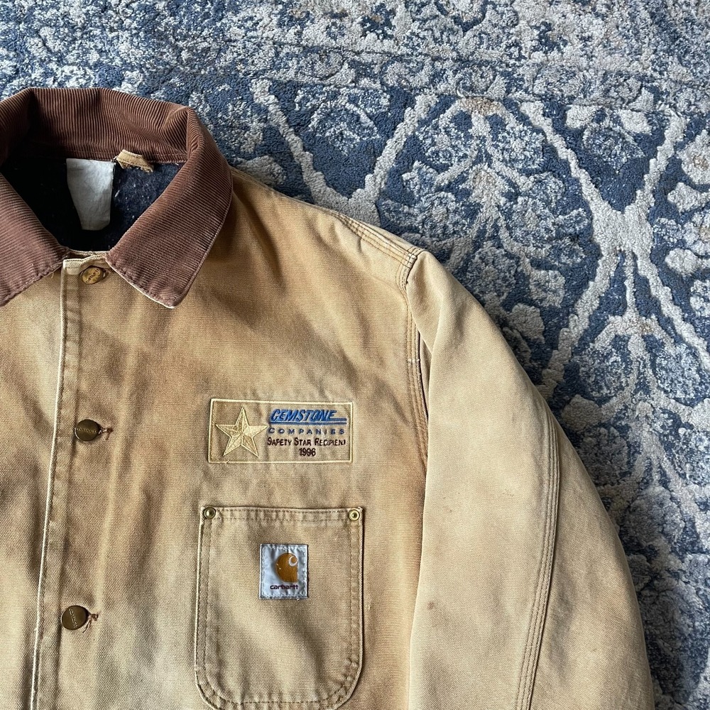 Vintage Carhartt Chore Canvas Jacket Blanket Lined Size 48 Beige Tan USA - Picture 3 of 12